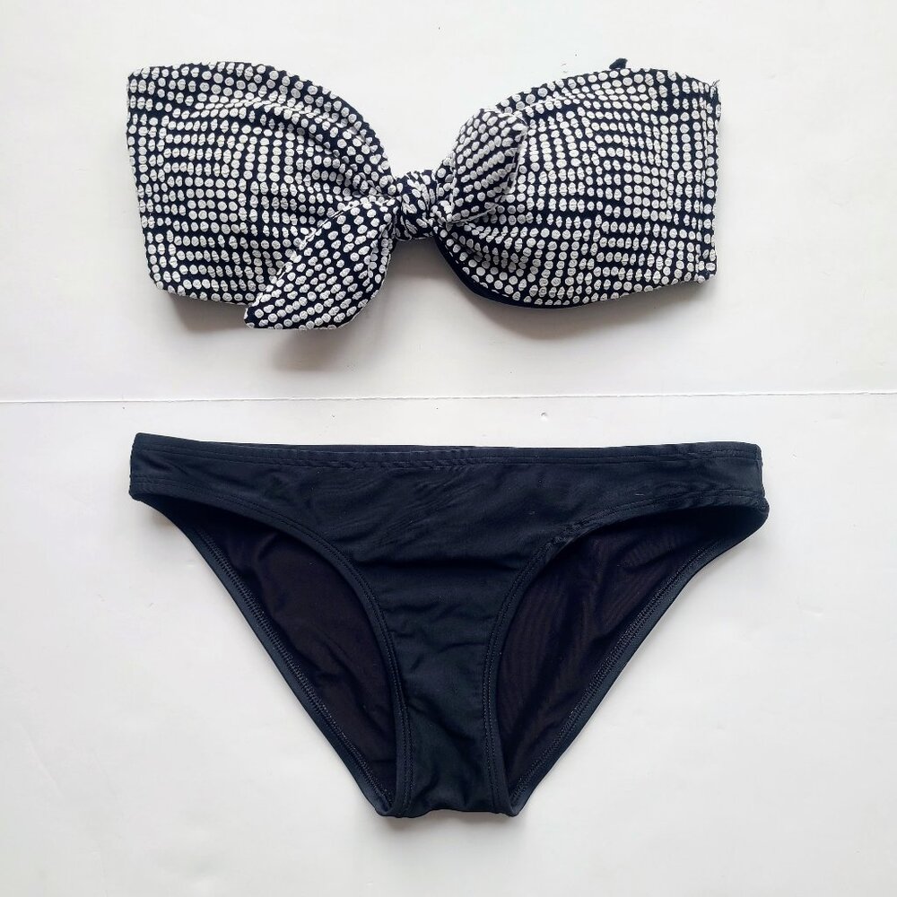 aerie Black White Dot Strapless Tie Front Bikini Top and Solid Black Bottoms Set